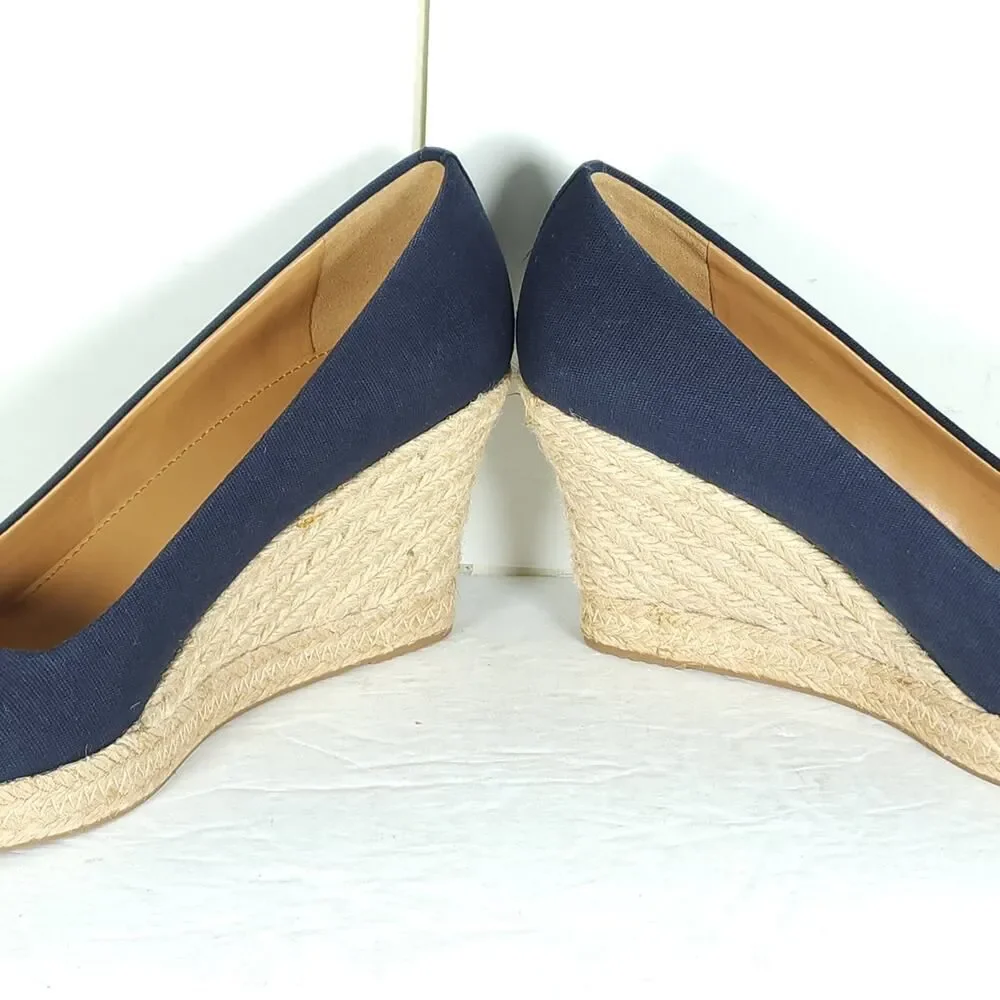 J. Crew Women's US 9 Canvas Navy Blue Wedge Pumps Espadrille Shoes New